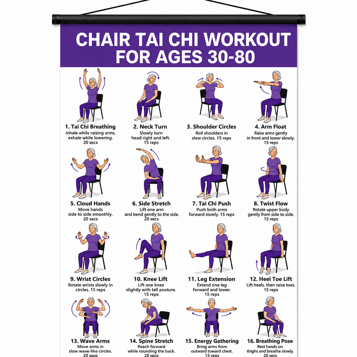 Chair Tai Chi Workout Poster – 16 Seated Exercises for Balance, Flexibility & Mobility