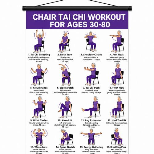 Chair Tai Chi Workout Poster – 16 Seated Exercises for Balance, Flexibility & Mobility