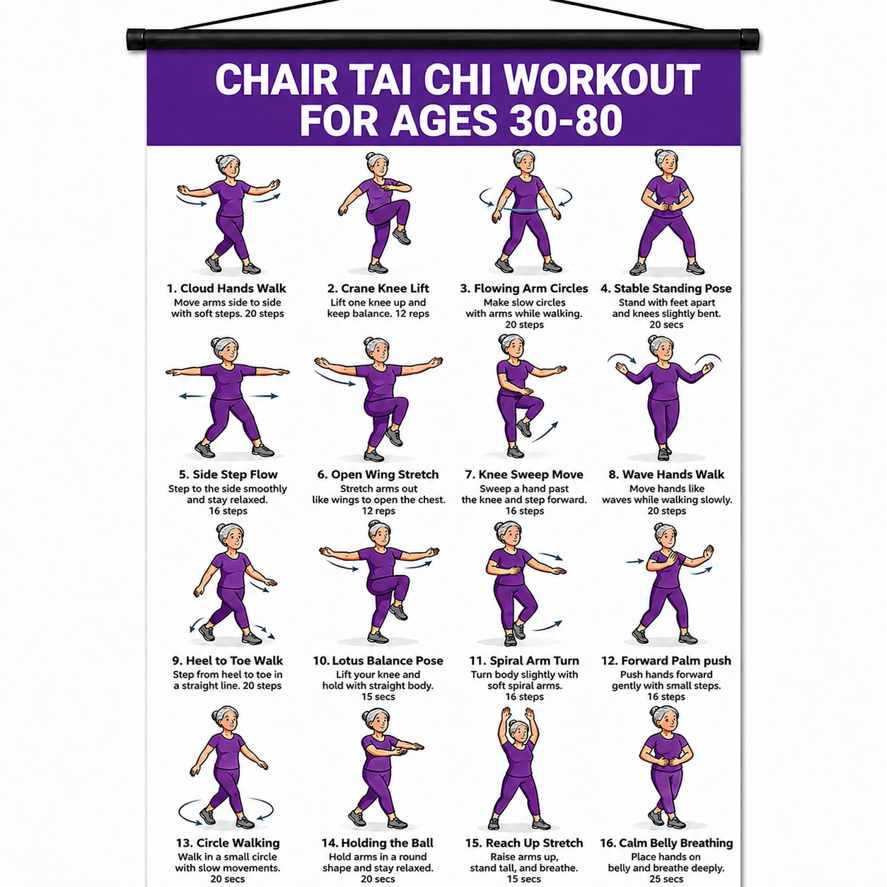 Chair Tai Chi Workout Poster – 16 Seated Exercises for Balance, Flexibility & Mobility