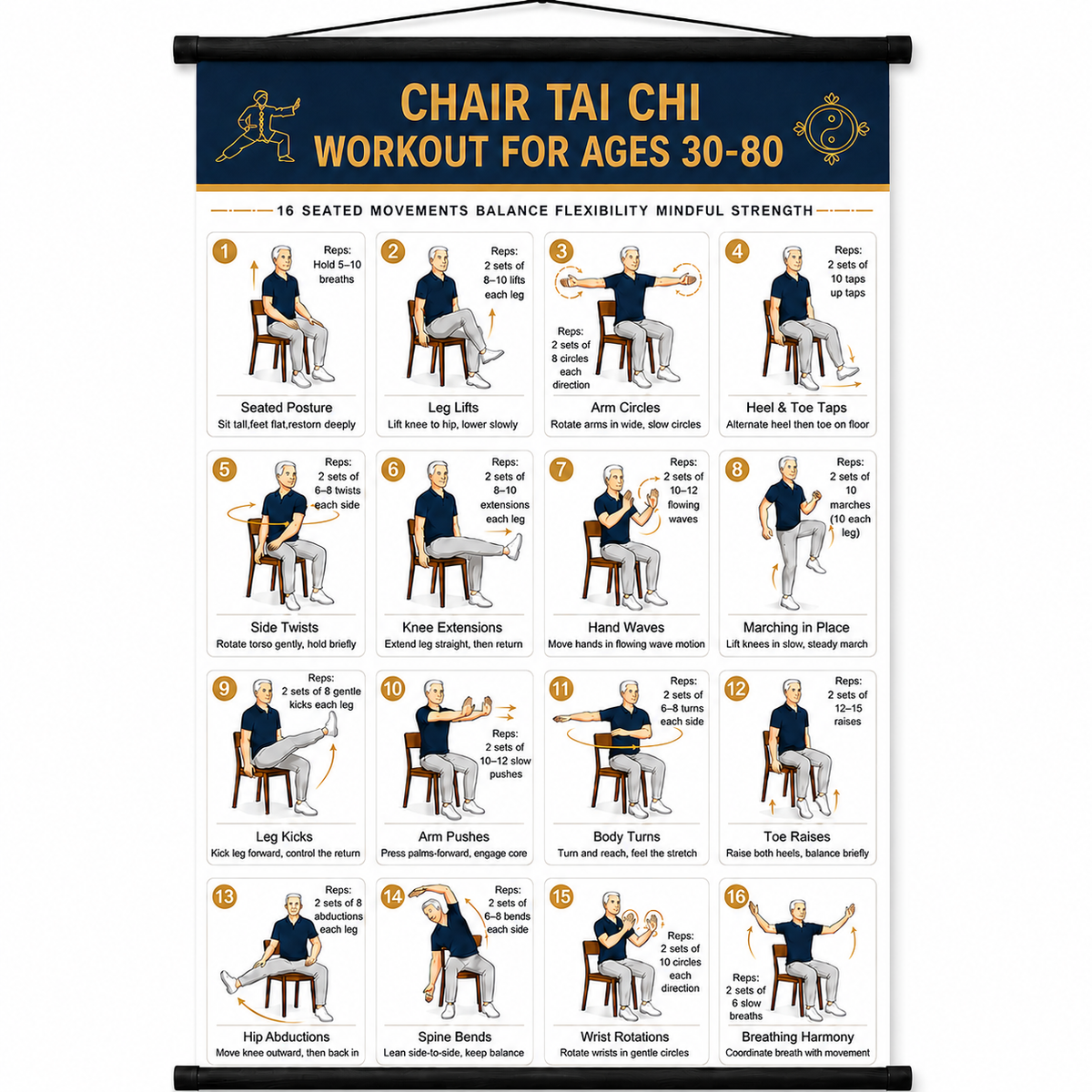 Chair Tai Chi Workout Poster – 16 Seated Exercises for Balance, Flexibility & Mobility