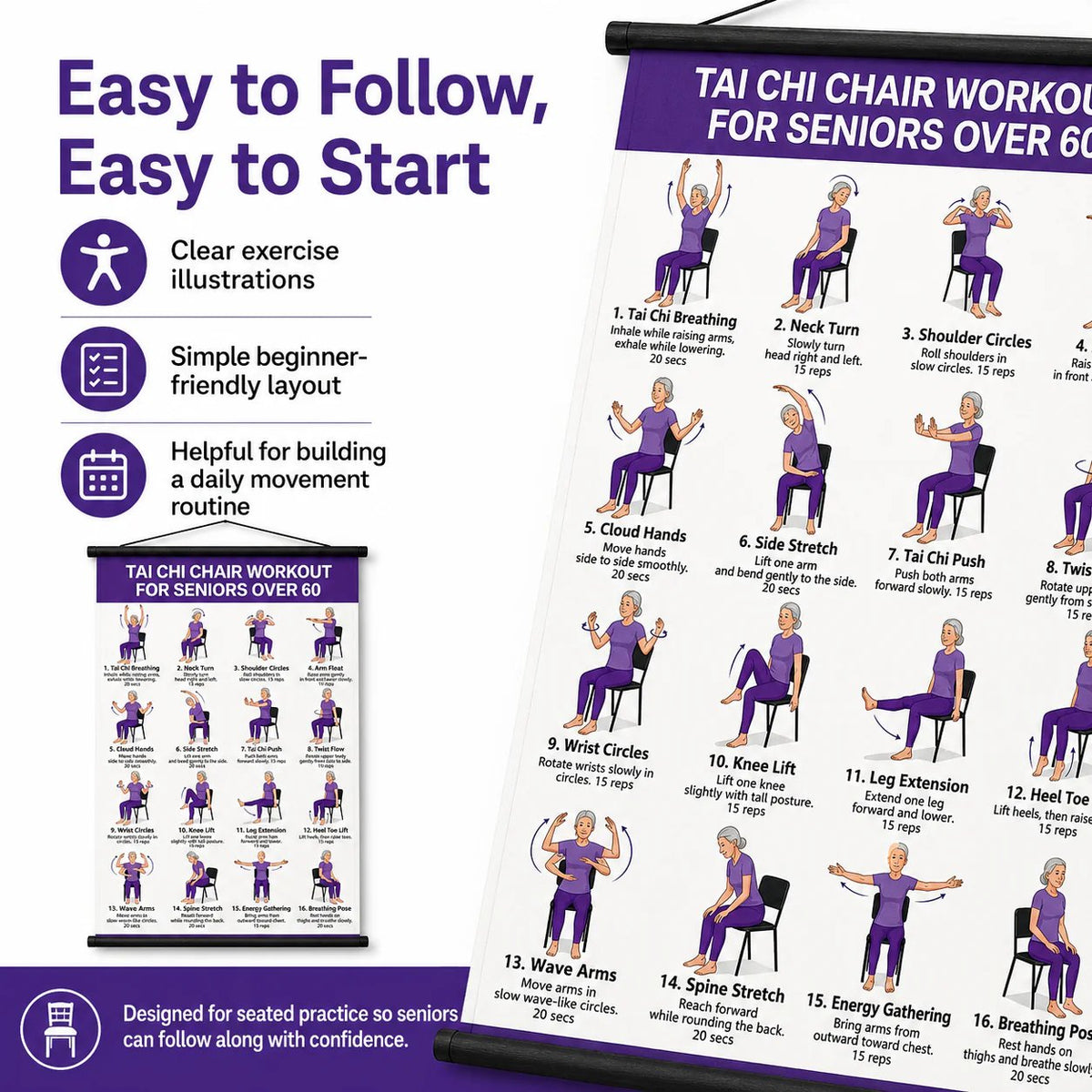 Chair Tai Chi Workout Poster – 16 Seated Exercises for Balance, Flexibility & Mobility
