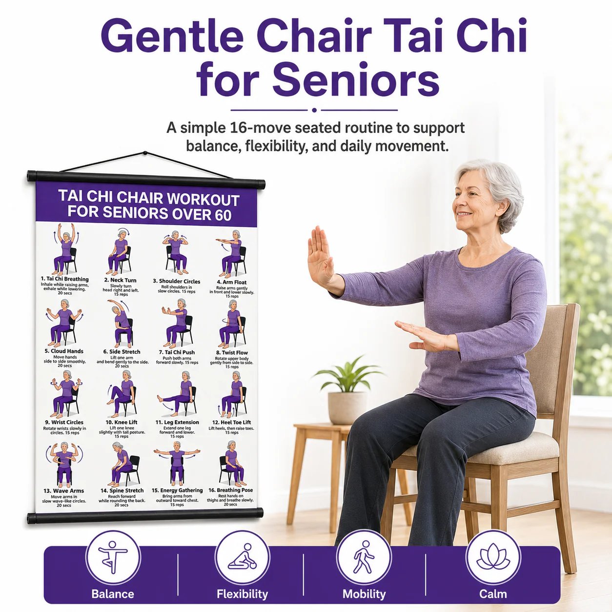 Chair Tai Chi Workout Poster – 16 Seated Exercises for Balance, Flexibility & Mobility