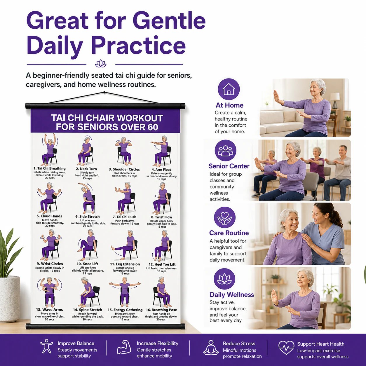 Chair Tai Chi Workout Poster – 16 Seated Exercises for Balance, Flexibility & Mobility