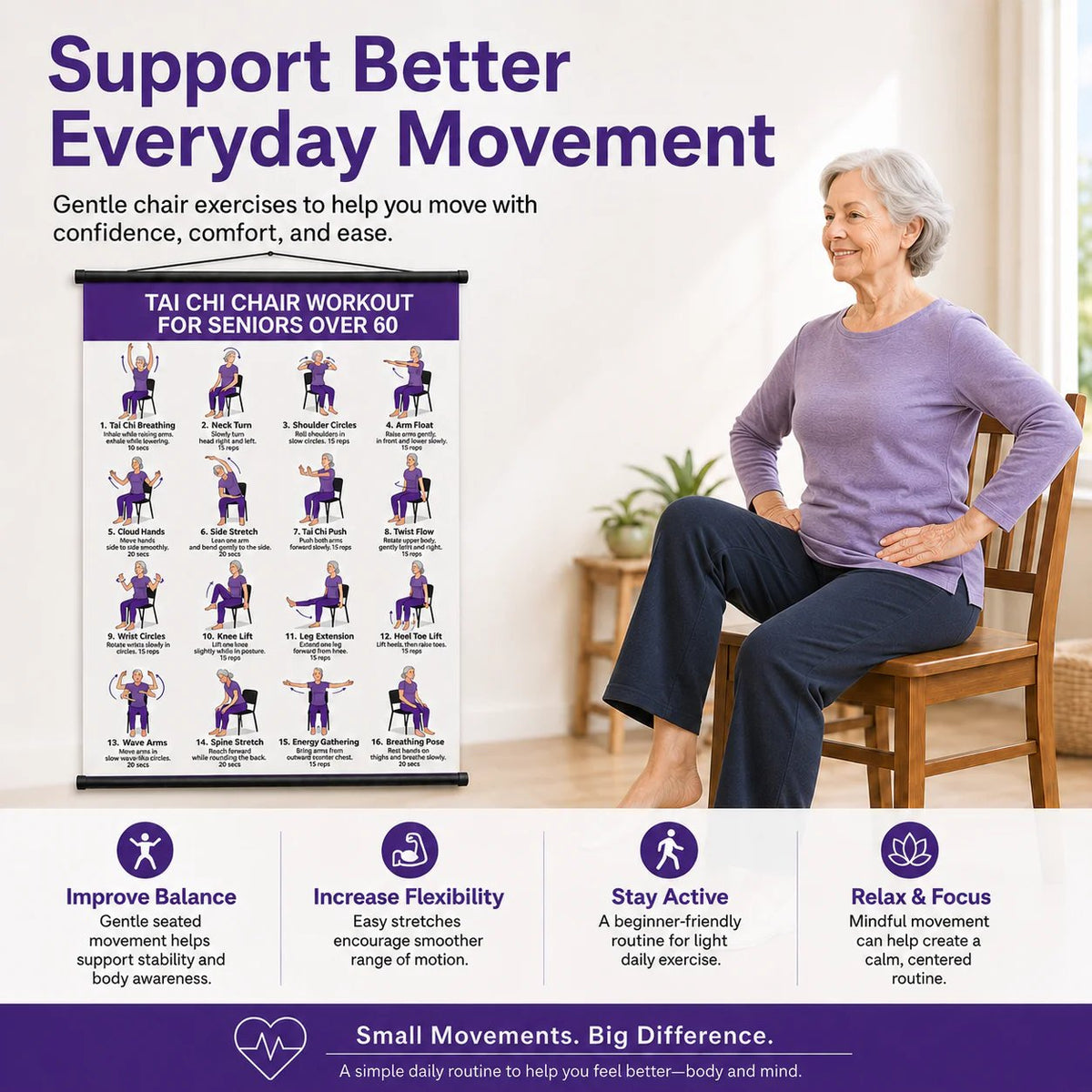 Chair Tai Chi Workout Poster – 16 Seated Exercises for Balance, Flexibility & Mobility