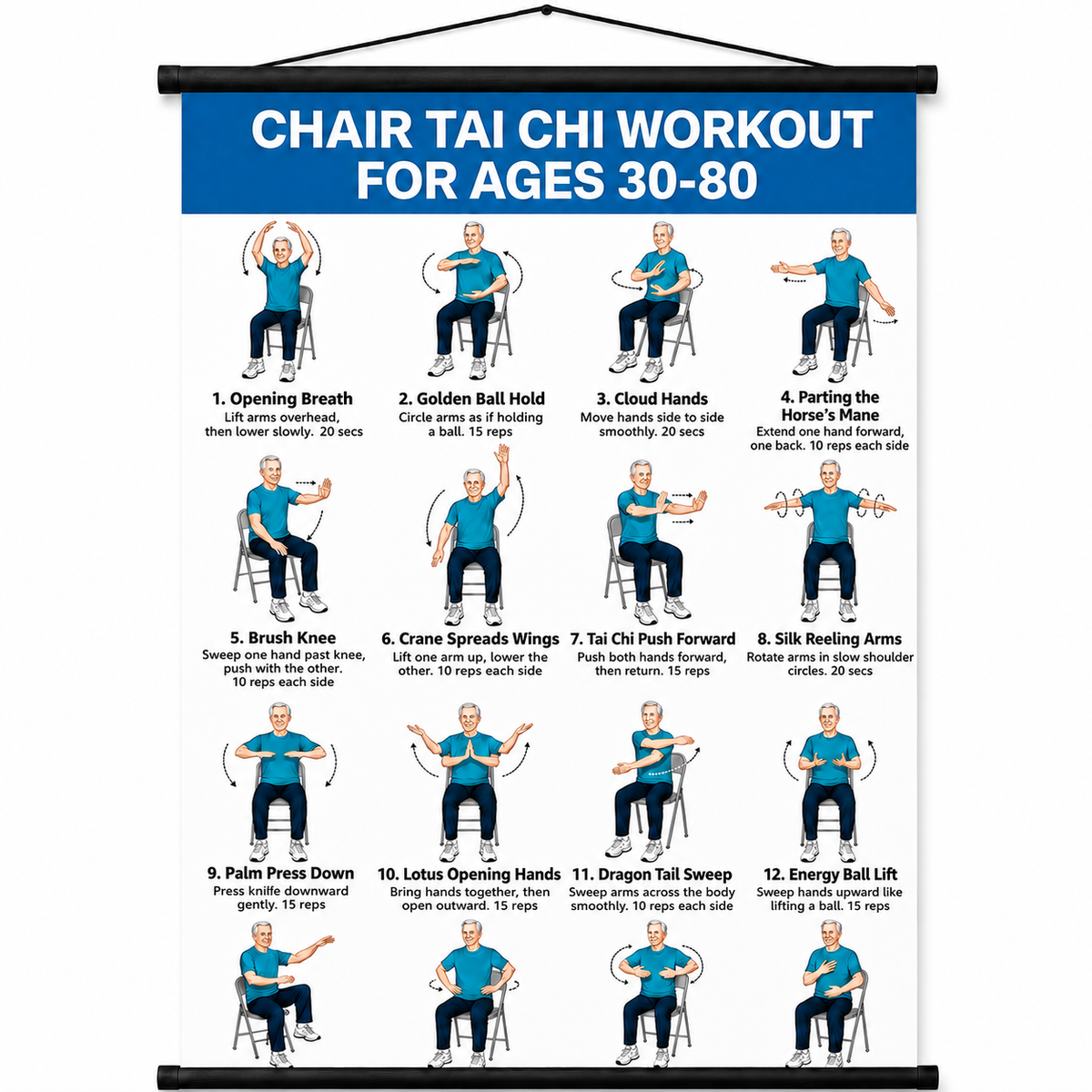 Chair Tai Chi Workout Poster – 16 Seated Exercises for Balance, Flexibility & Mobility